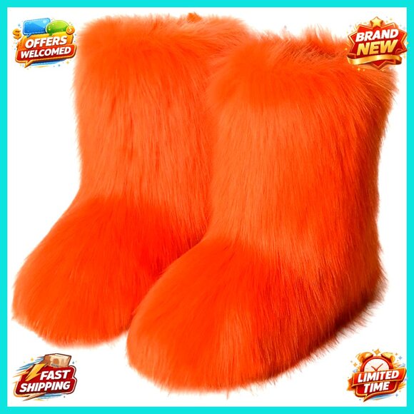 Faux Fur Mid-Calf Snow Boots Winter Warm Fluffy Flat Shoes Outdoor